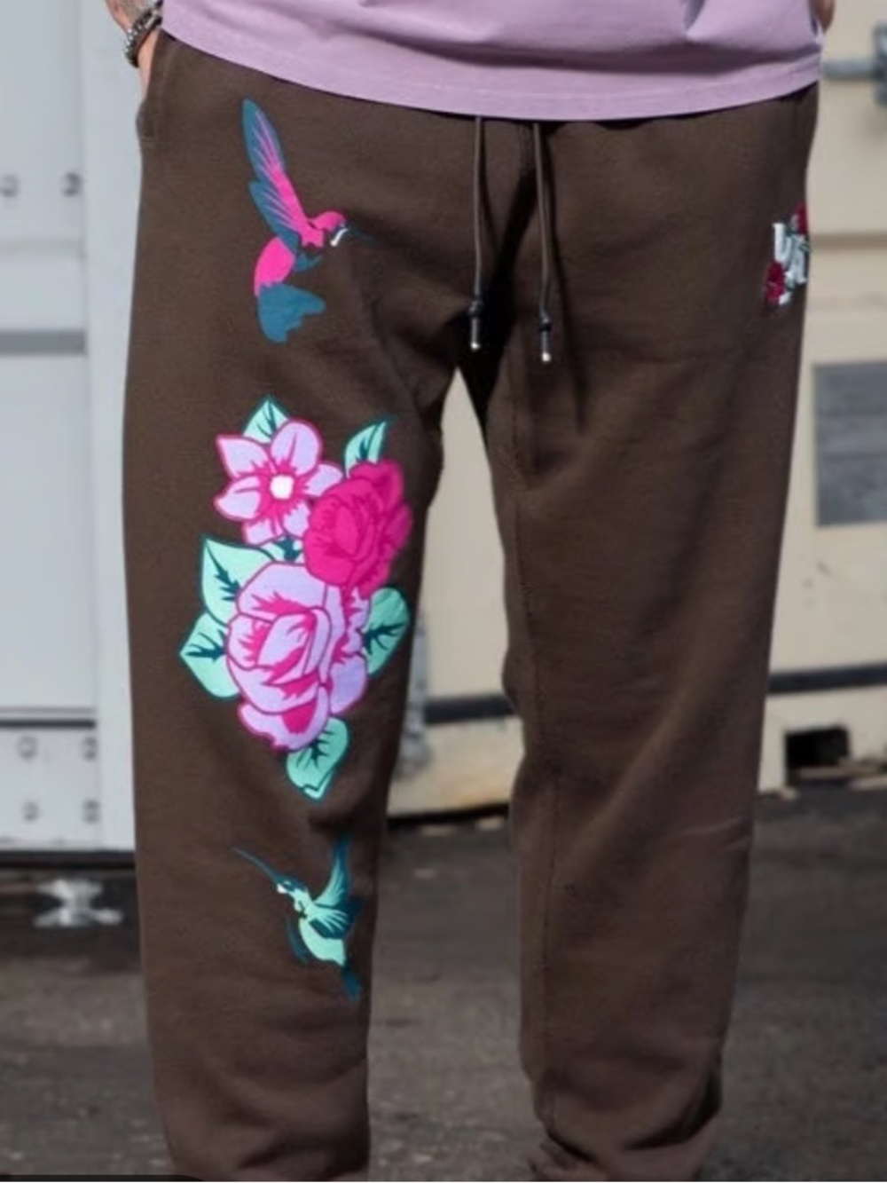 YOUNGLA 203 Zen Joggers Brown Wash Floral Hummingbird XL